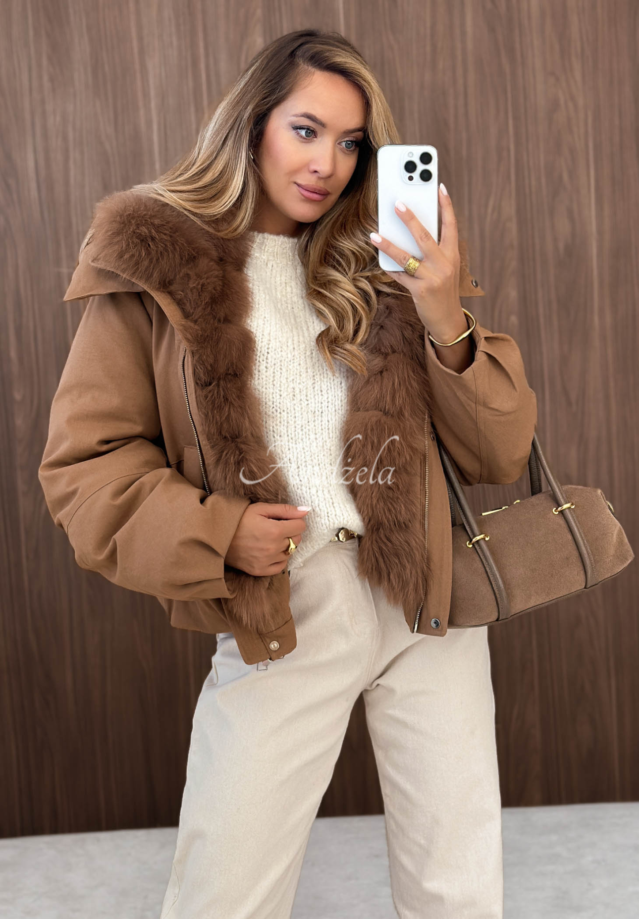 Frost Wind Short Down Jacket with Hood and Fur Trim in Camel