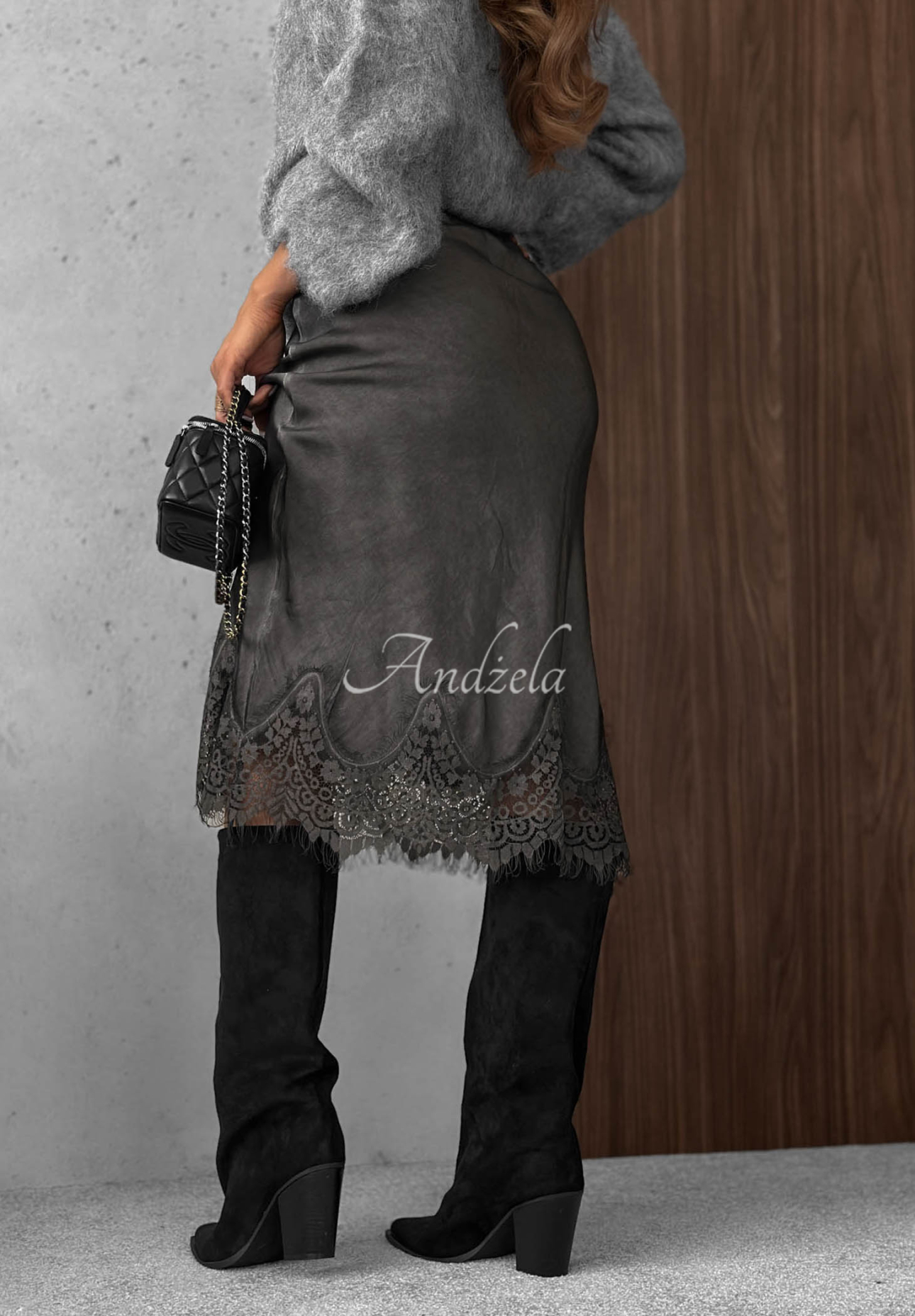 Graphite-colored viscose satin skirt with Subtle Lace lace trim