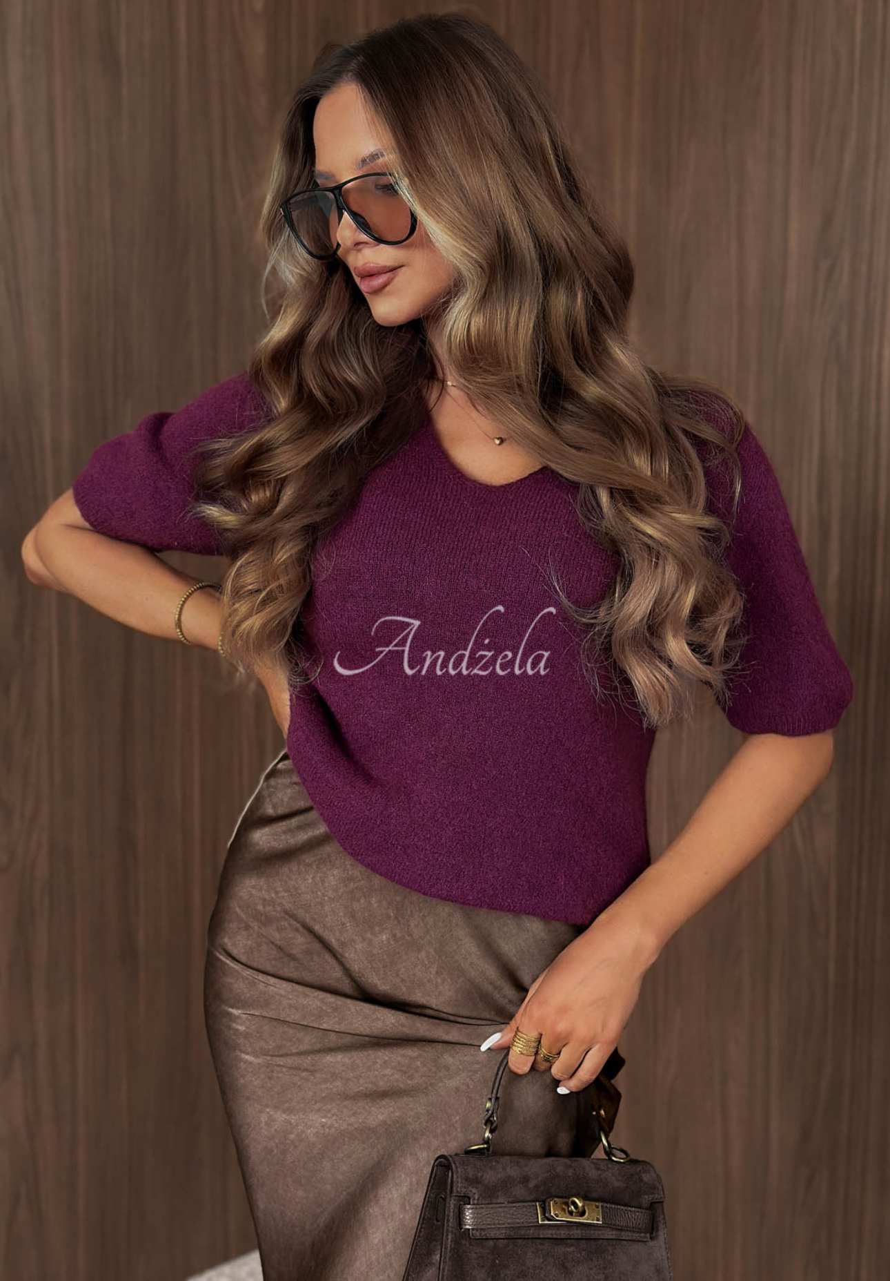 Soft, short-sleeved alpaca sweater in Honey Cloud blueberry