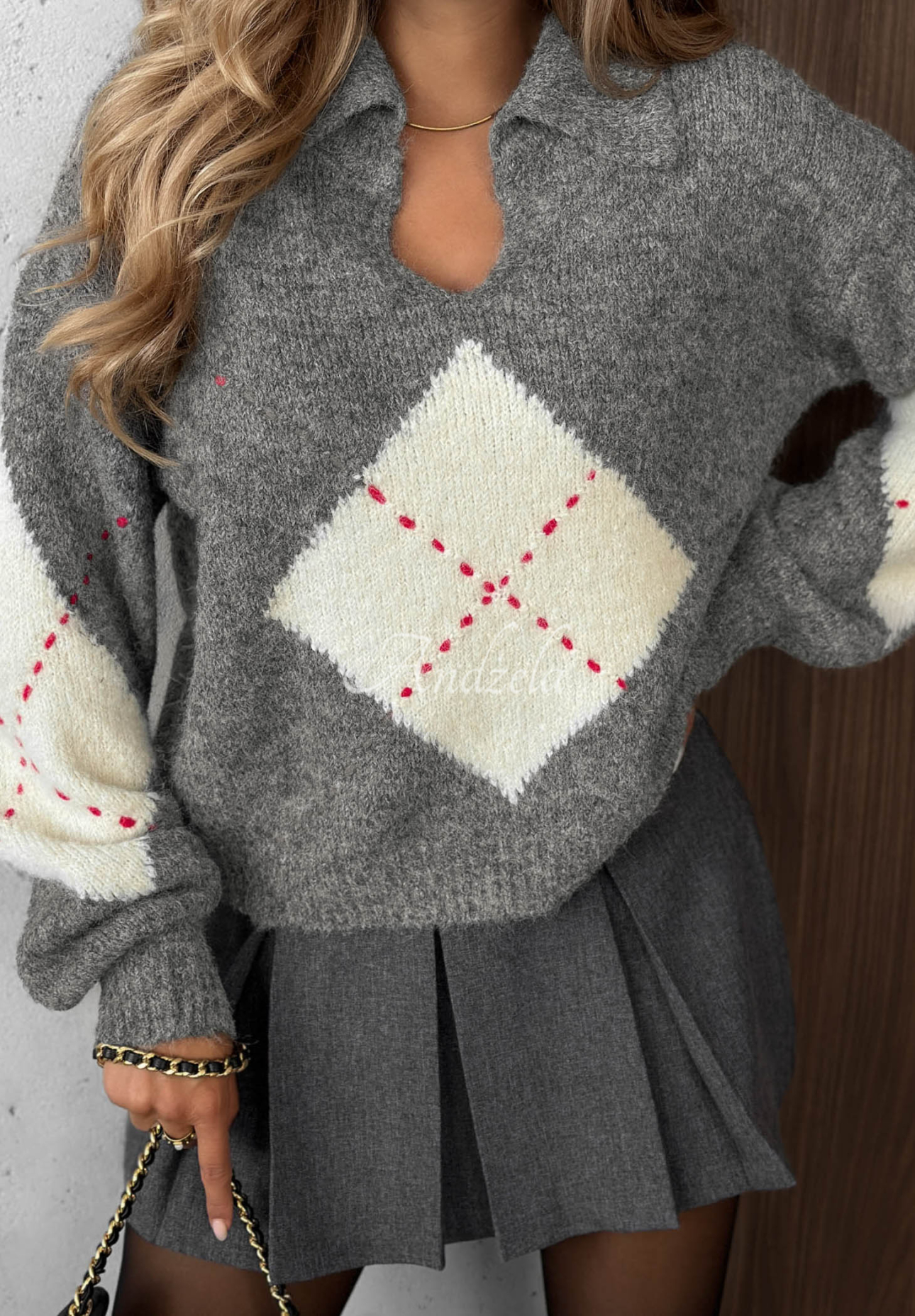 Late Romance Gray Diamond-Pattern Sweater with Wool and Viscose