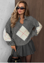 Sweter w romby z kołnierzem Late Romance szary
