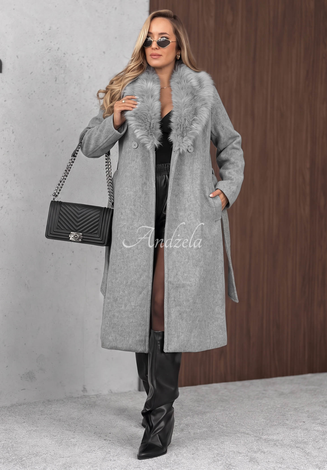 Clouded Reverie Long Coat with Fur Trim and Wool, Gray