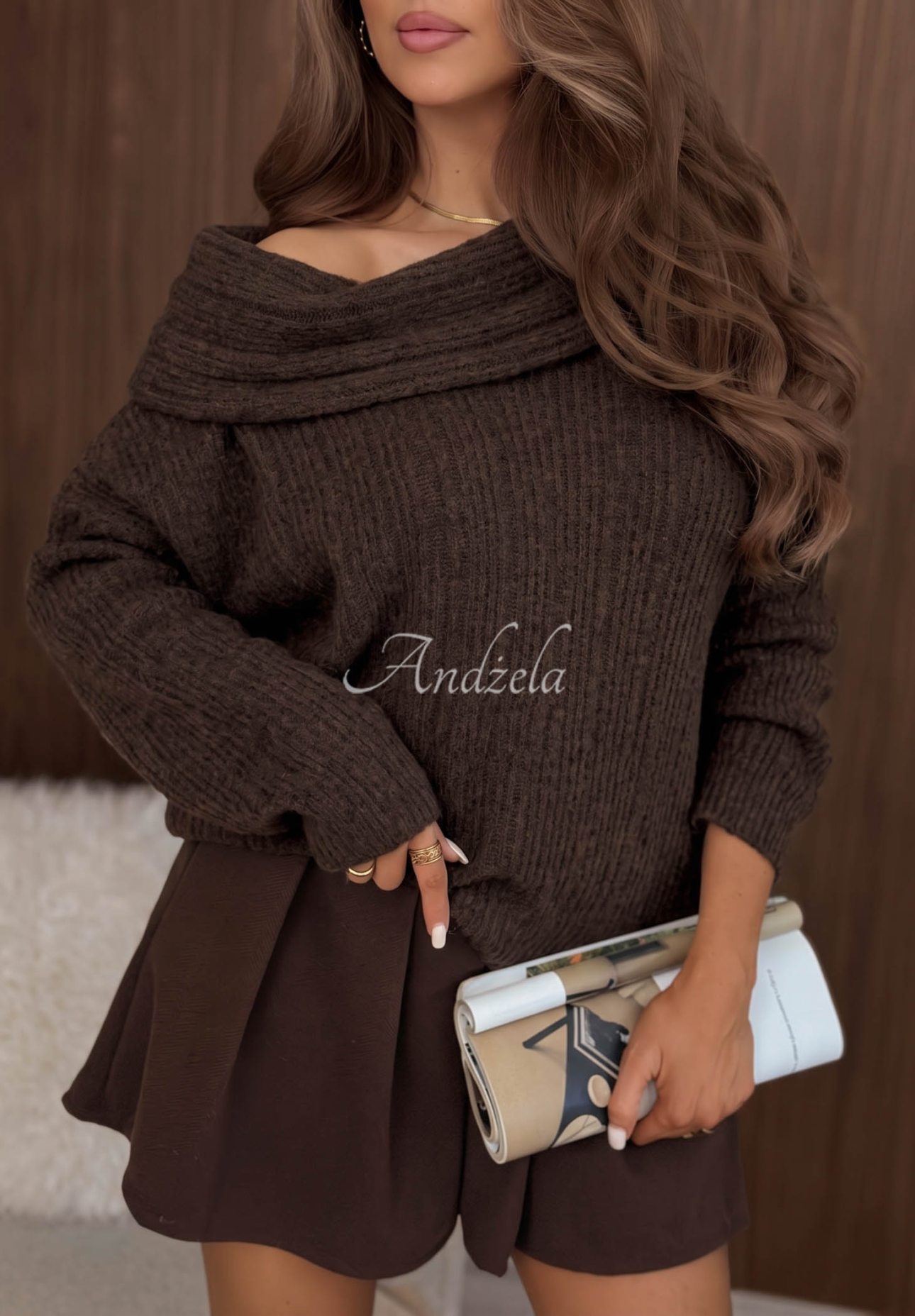 Chocolate-colored Frosty Walk alpaca and wool sweater with a turn-down collar