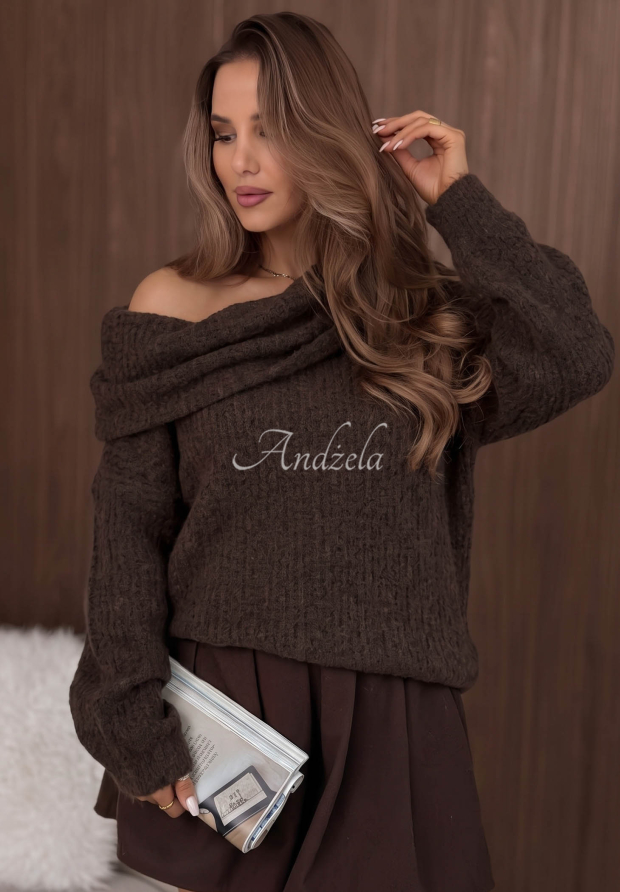 Chocolate-colored Frosty Walk alpaca and wool sweater with a turn-down collar