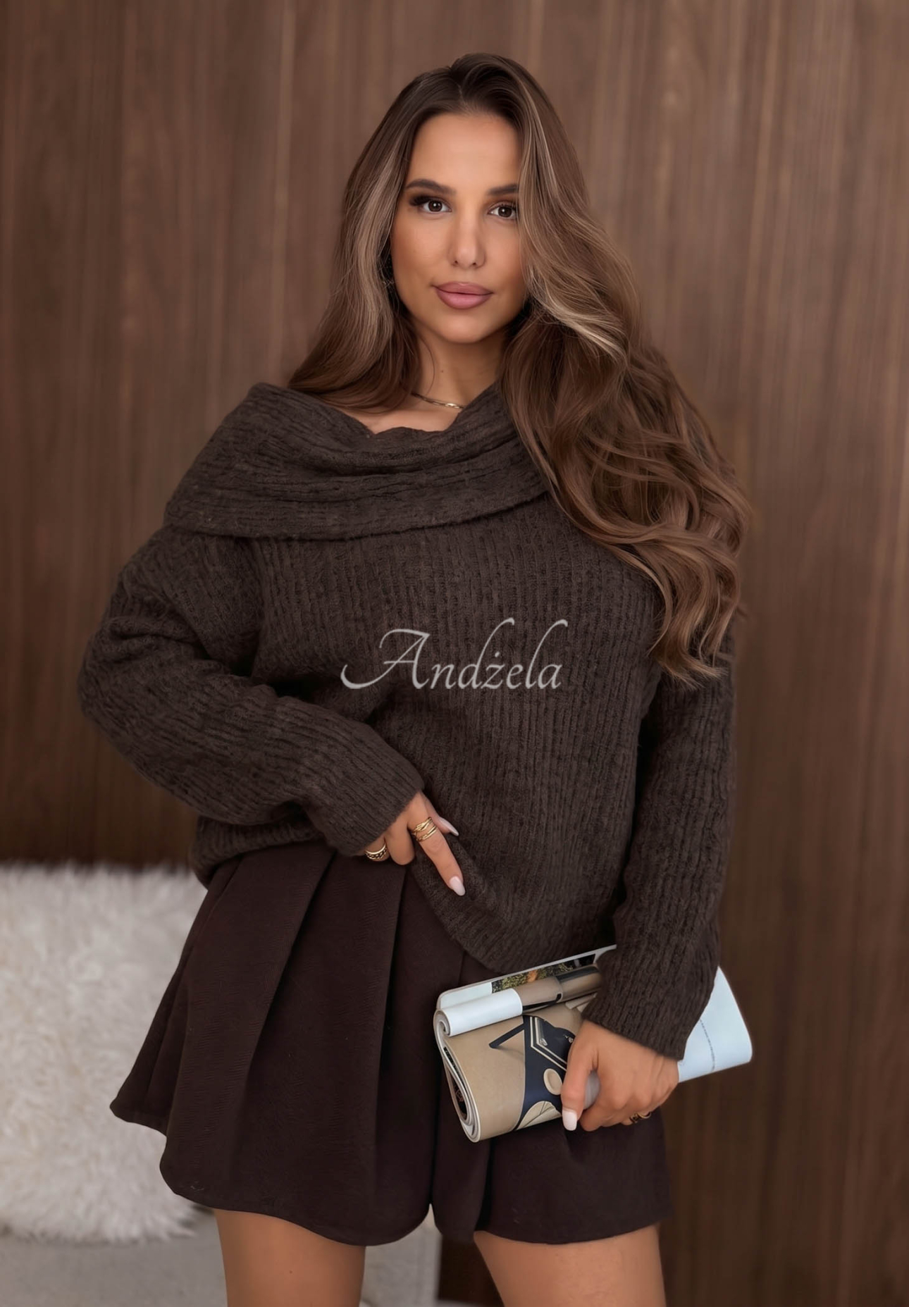 Chocolate-colored Frosty Walk alpaca and wool sweater with a turn-down collar