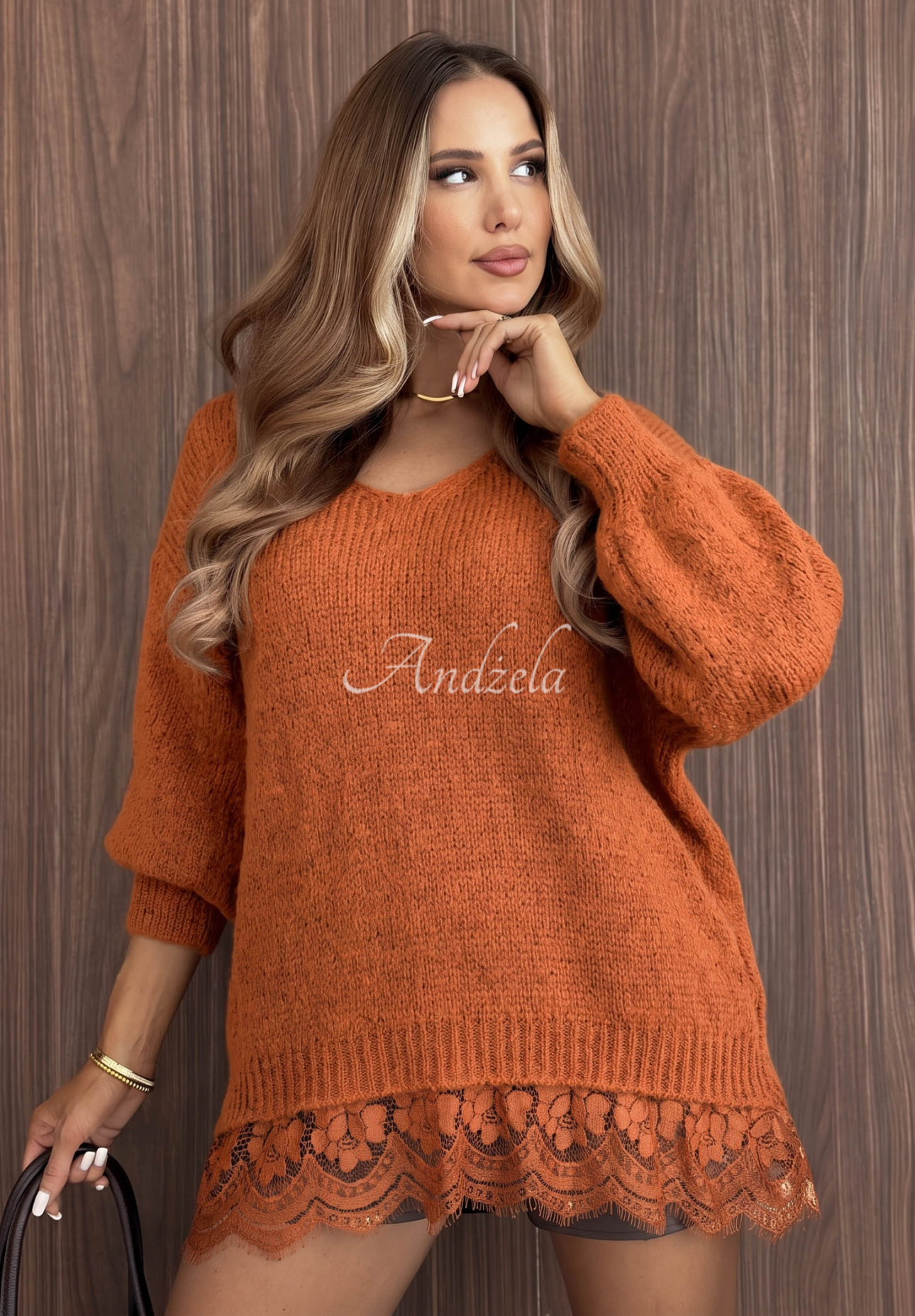 Oversized Sweater with Lace, Made of Wool and Viscose, Dusky Clouds Red