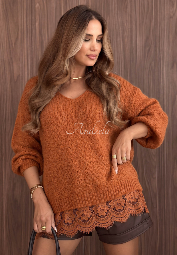 Sweter oversize z koronką z wełną i wiskozą Dusky Clouds rudy