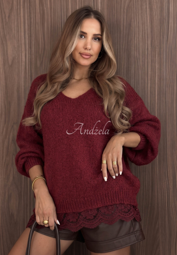 Oversized Sweater with Lace, Made of Wool and Viscose, Dusky Clouds Burgundy
