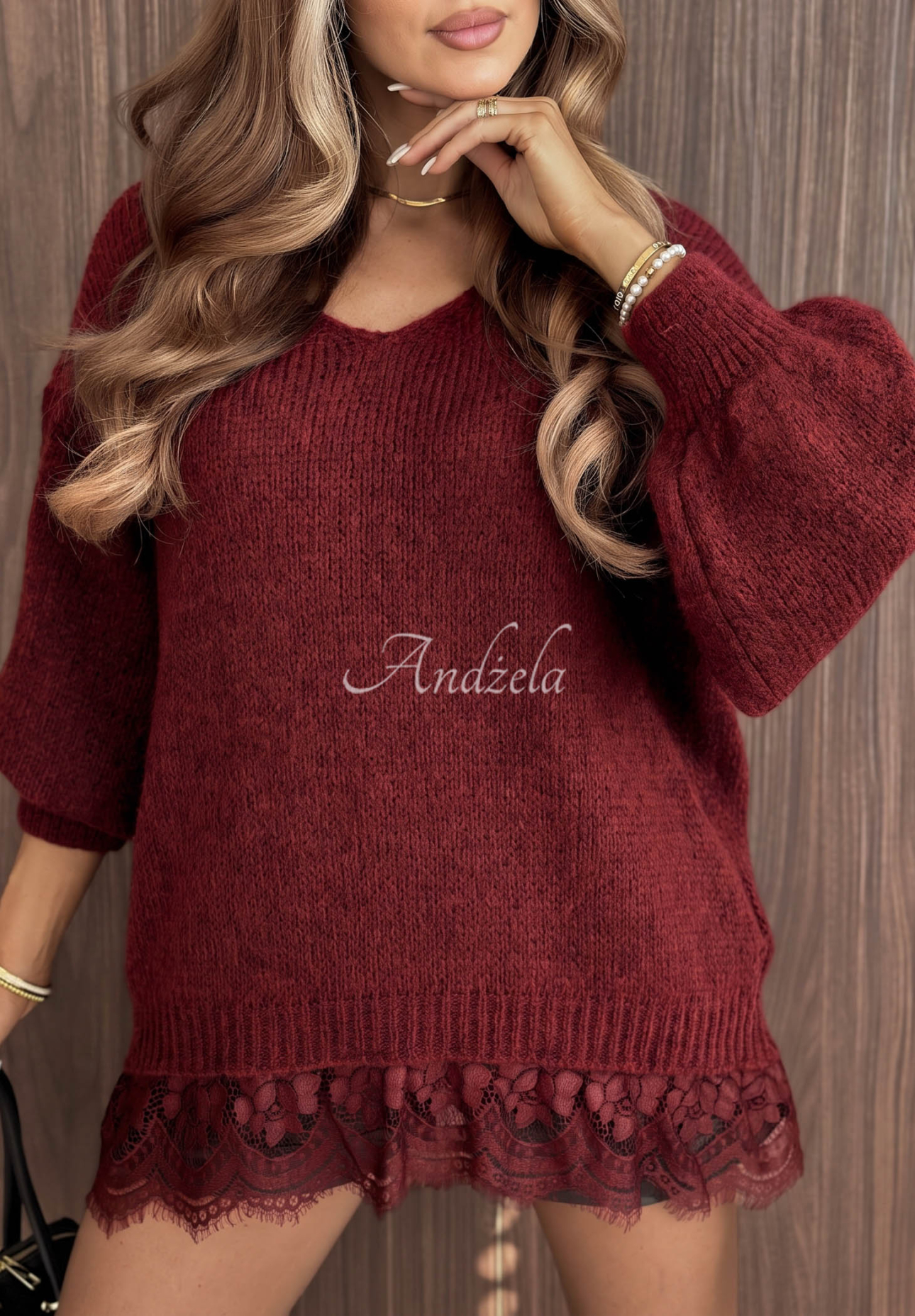 Oversized Sweater with Lace, Made of Wool and Viscose, Dusky Clouds Burgundy