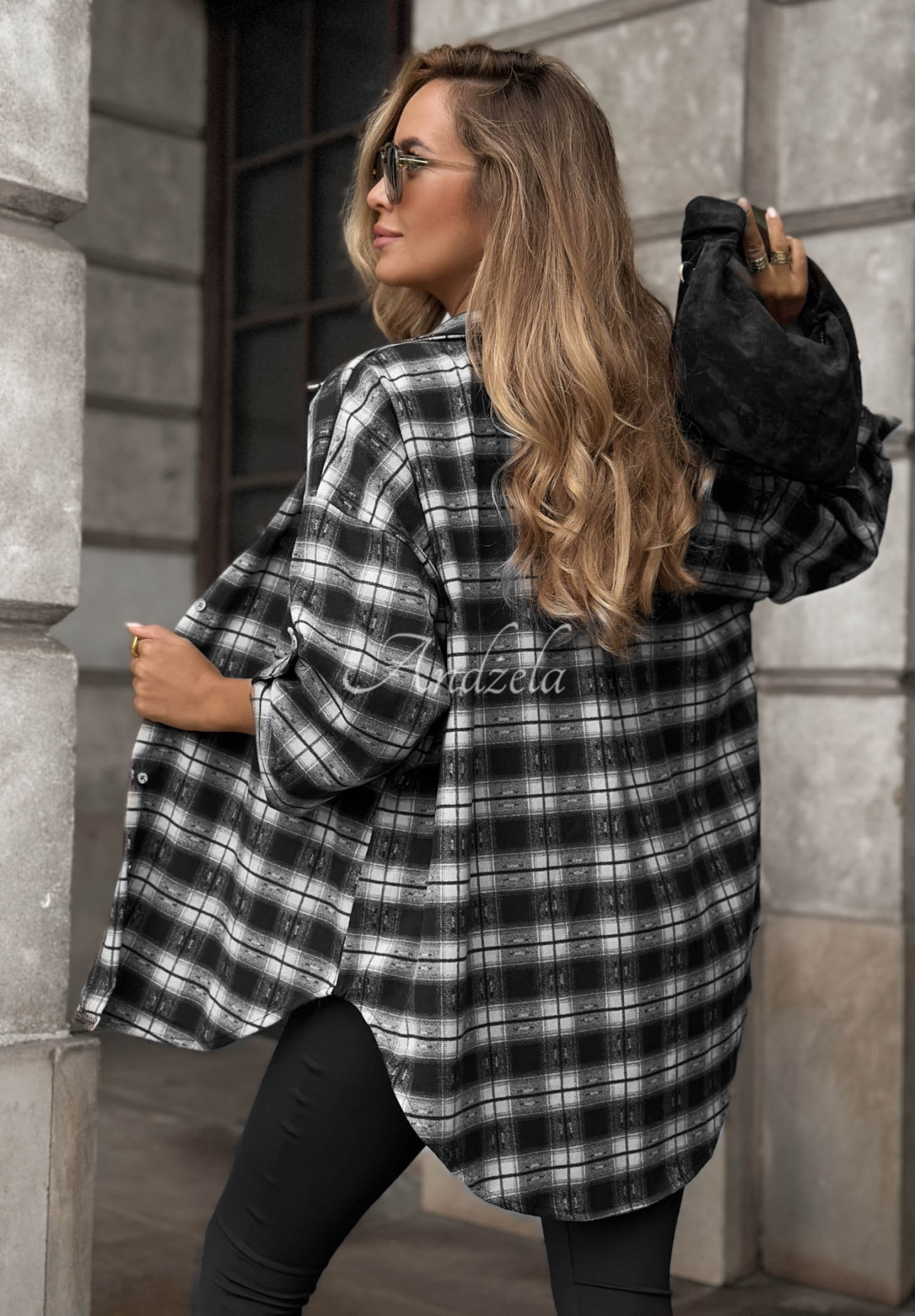 Asymmetrical Checkered Shirt with Viscose by Autumn Poetry, Black