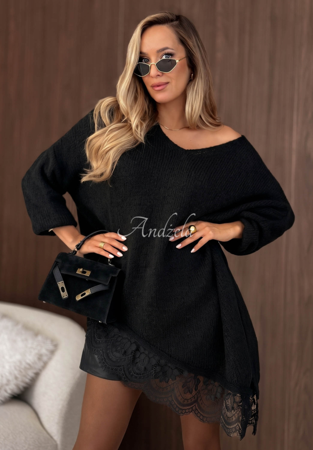 Asymetryczny sweter z koronką z wełną i wiskozą Sweet Seduction czarny