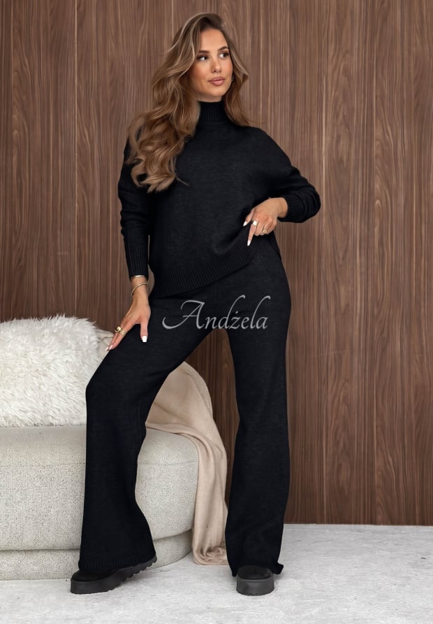 Dzianinowy komplet sweter i spodnie wide leg January Snow czarny