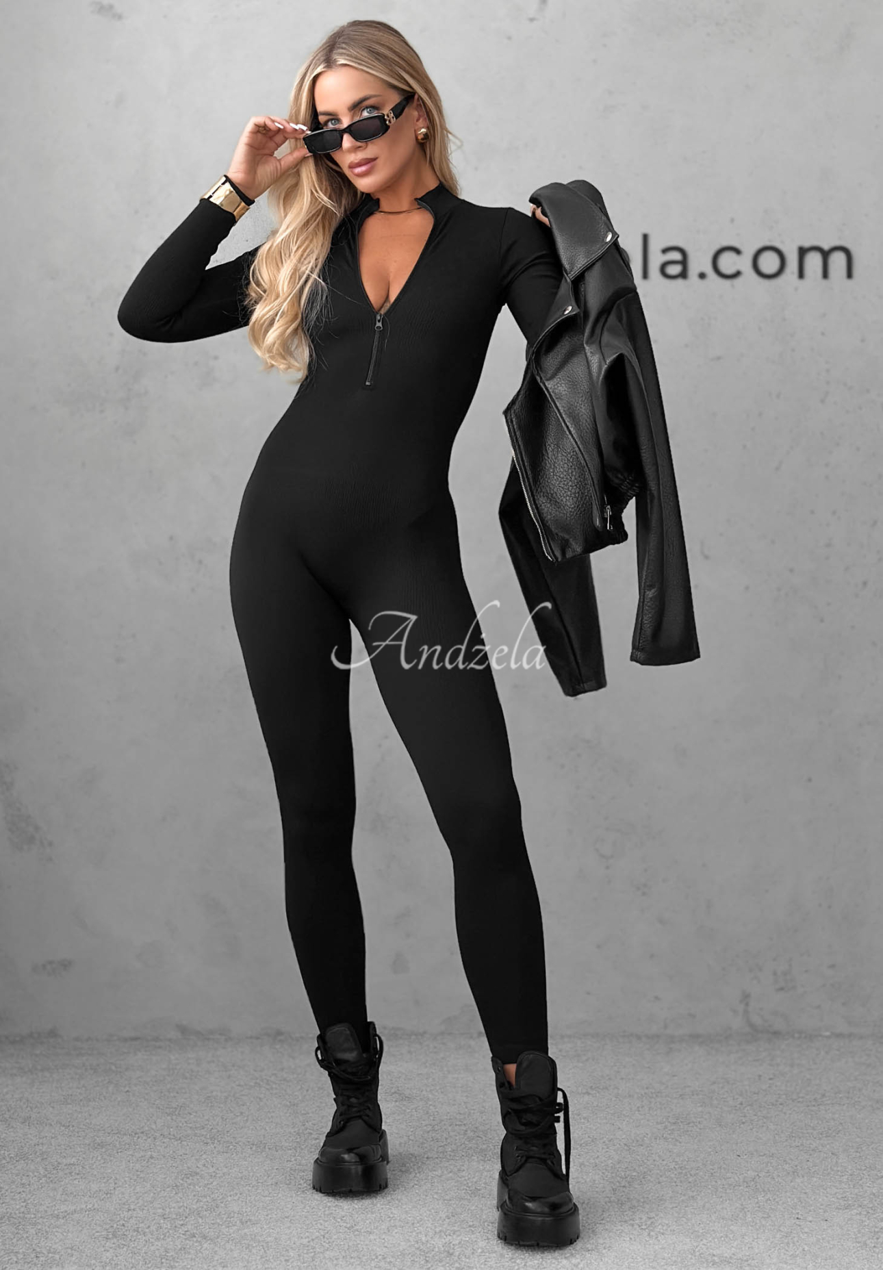 Mood Swing Long Striped Jumpsuit with Zipper, Black
