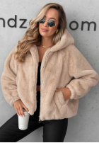 Krótka kurtka futerko z kapturem Fluffy Babe beżowa