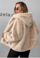 Krótka kurtka futerko z kapturem Fluffy Babe beżowa
