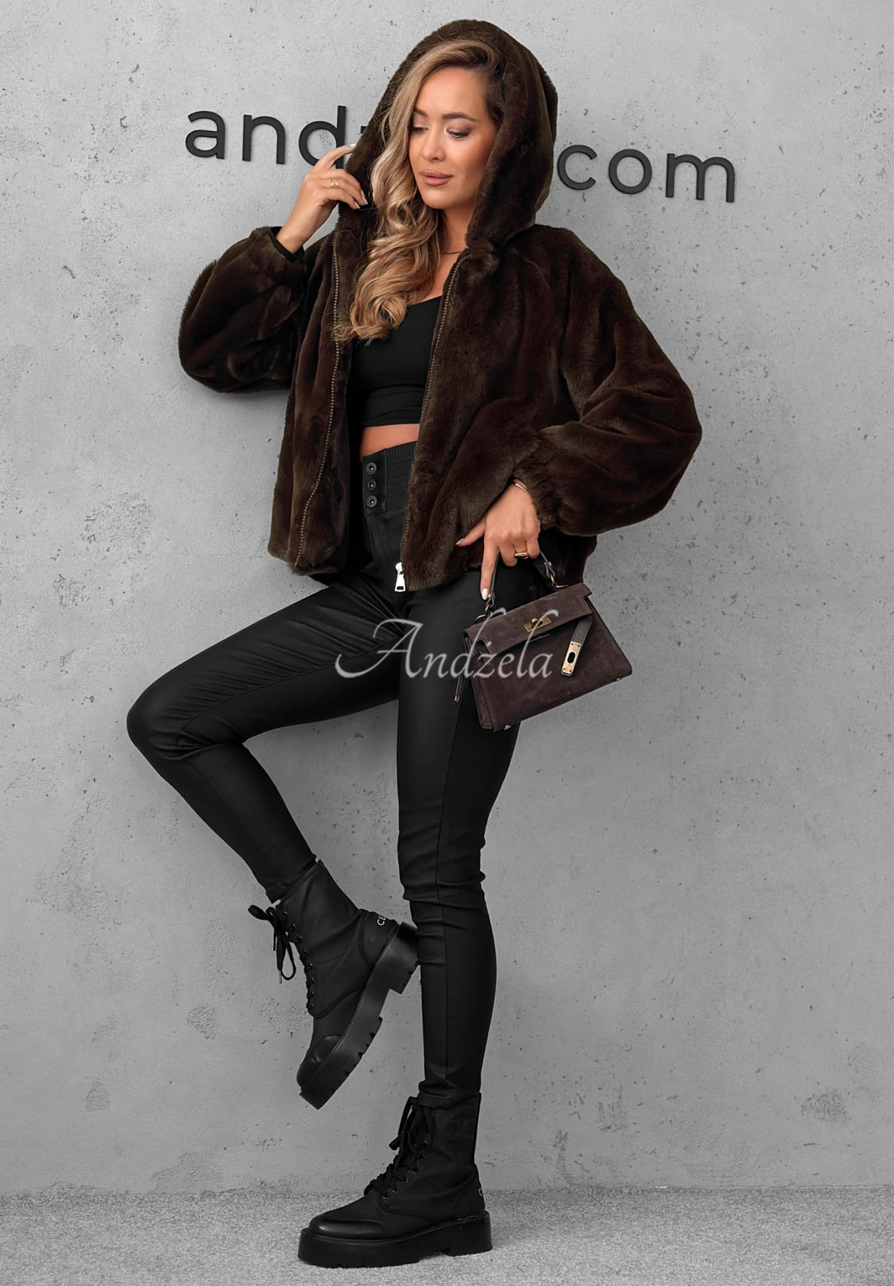 Fluffy Babe Short Fur Jacket with Hood, Chocolate Brown