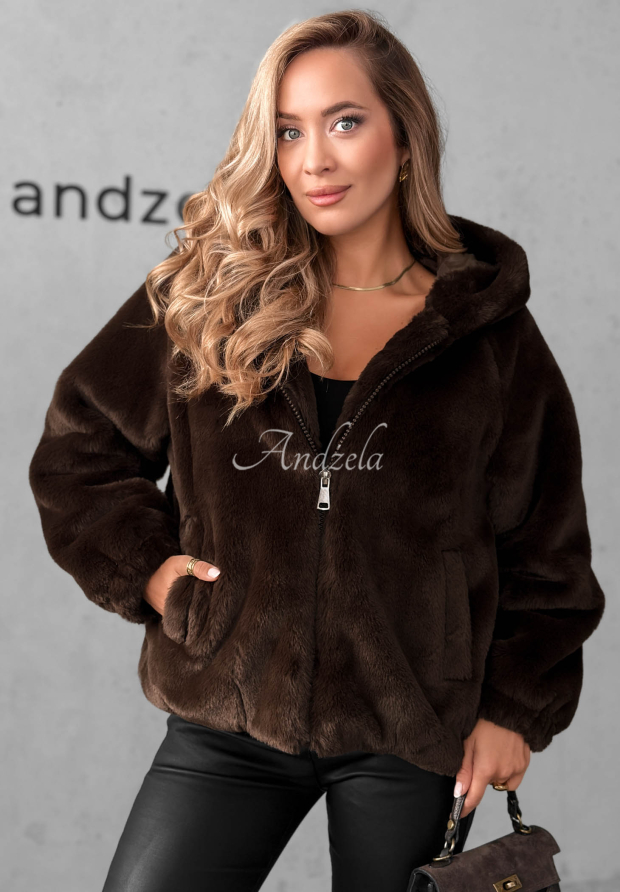 Kr&oacute;tka kurtka futerko z kapturem Fluffy Babe czekoladowa
