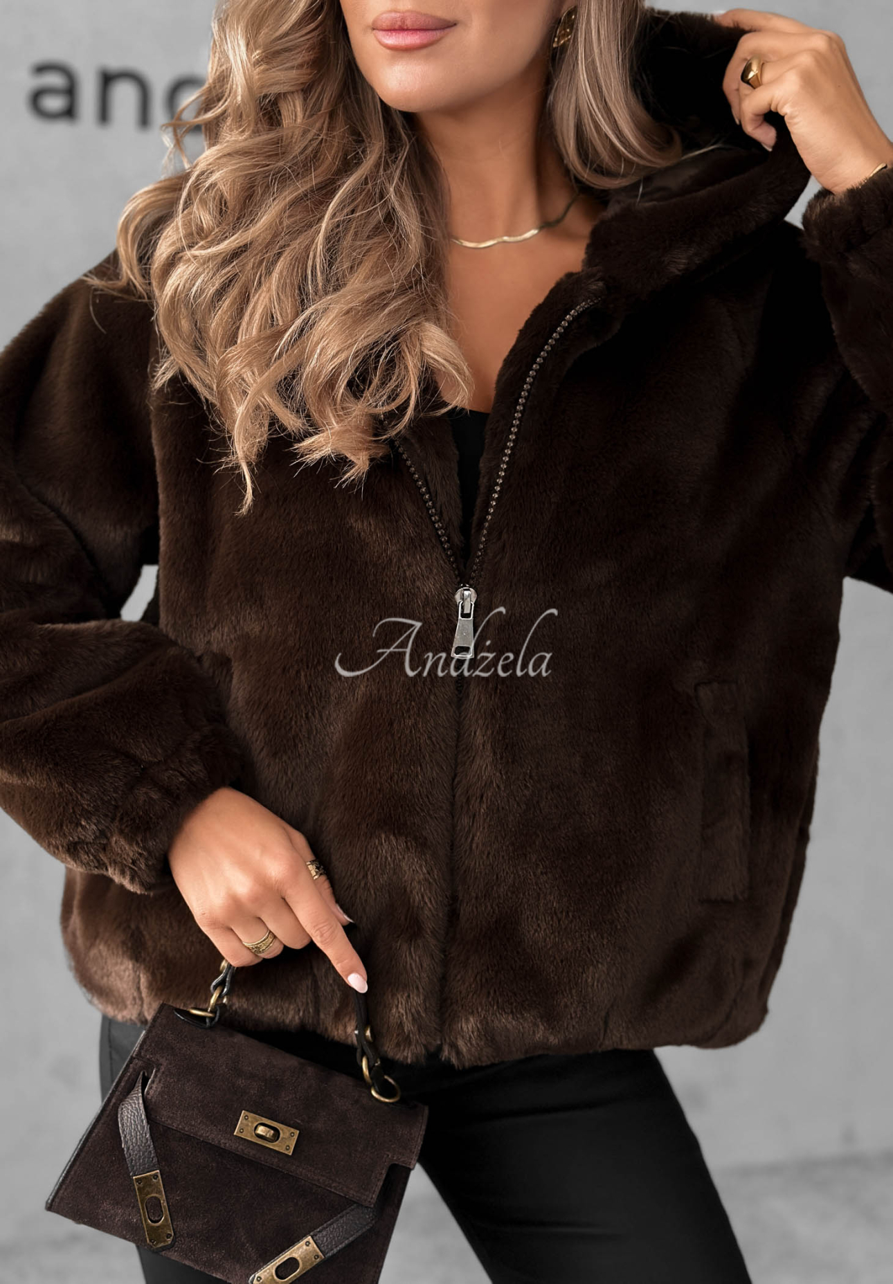 Fluffy Babe Short Fur Jacket with Hood, Chocolate Brown
