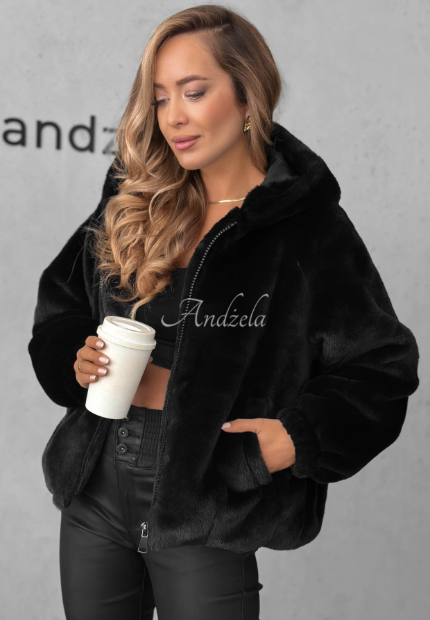 Fluffy Babe Short Fur Jacket with Hood, Black