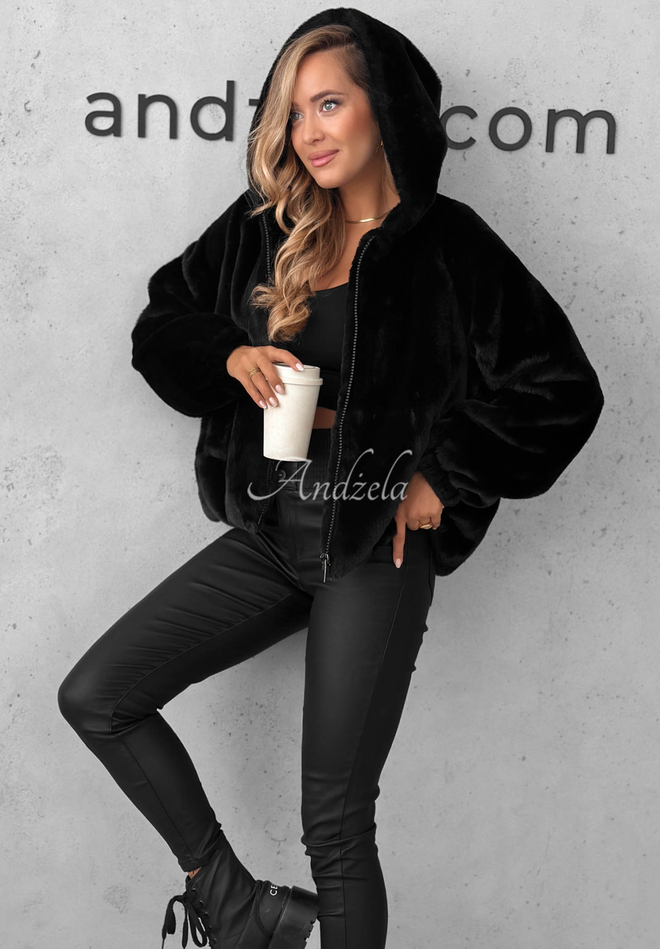 Fluffy Babe Short Fur Jacket with Hood, Black
