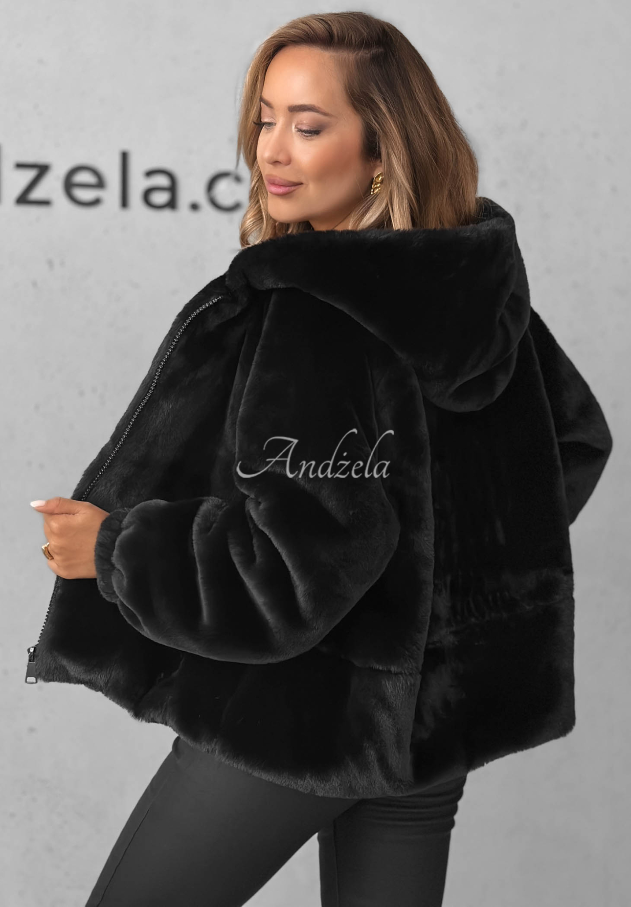 Fluffy Babe Short Fur Jacket with Hood, Black