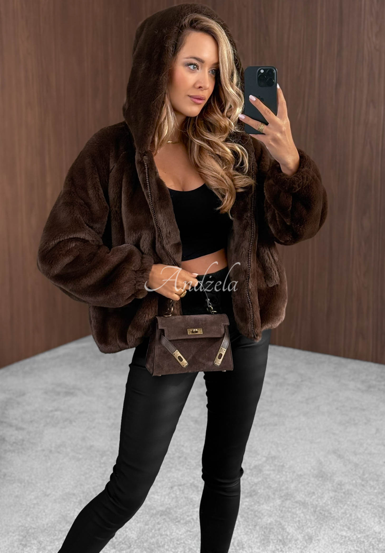 Fluffy Babe Short Fur Jacket with Hood, Chocolate Brown