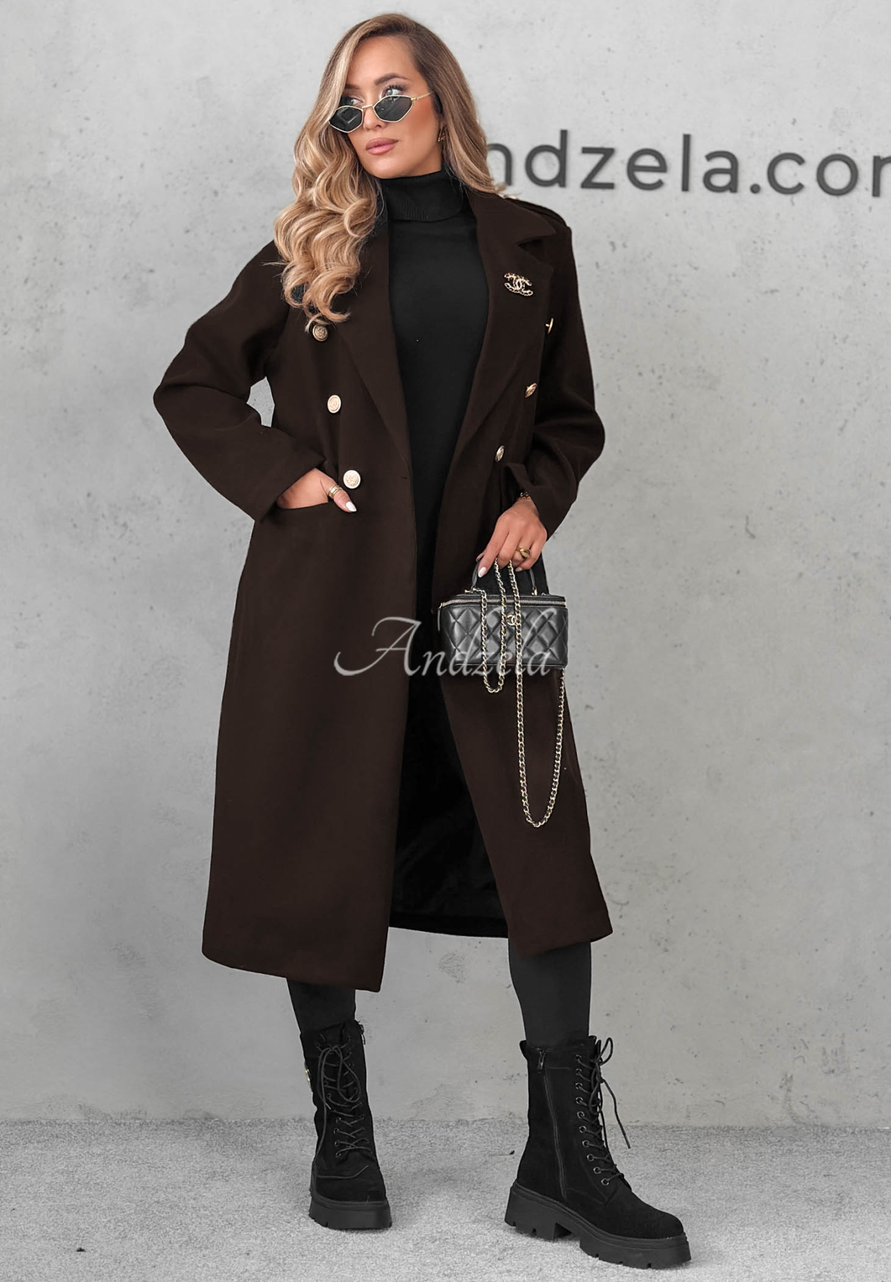 Long, double-breasted viscose coat by Caffe Meeting in dark chocolate