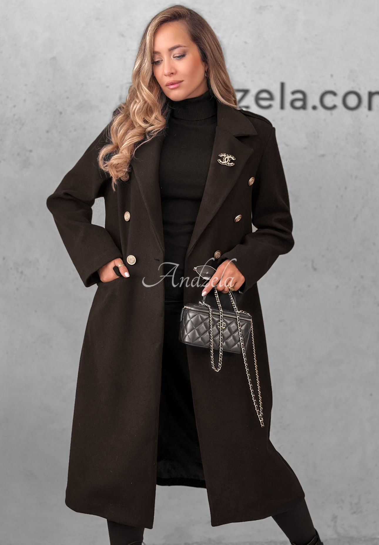 Long, double-breasted viscose coat by Caffe Meeting in dark chocolate