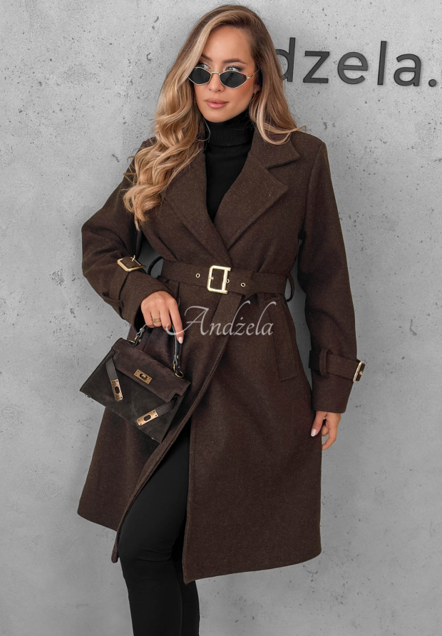 Rainy Boulevard Long Viscose Coat with Belt in Chocolate Brown