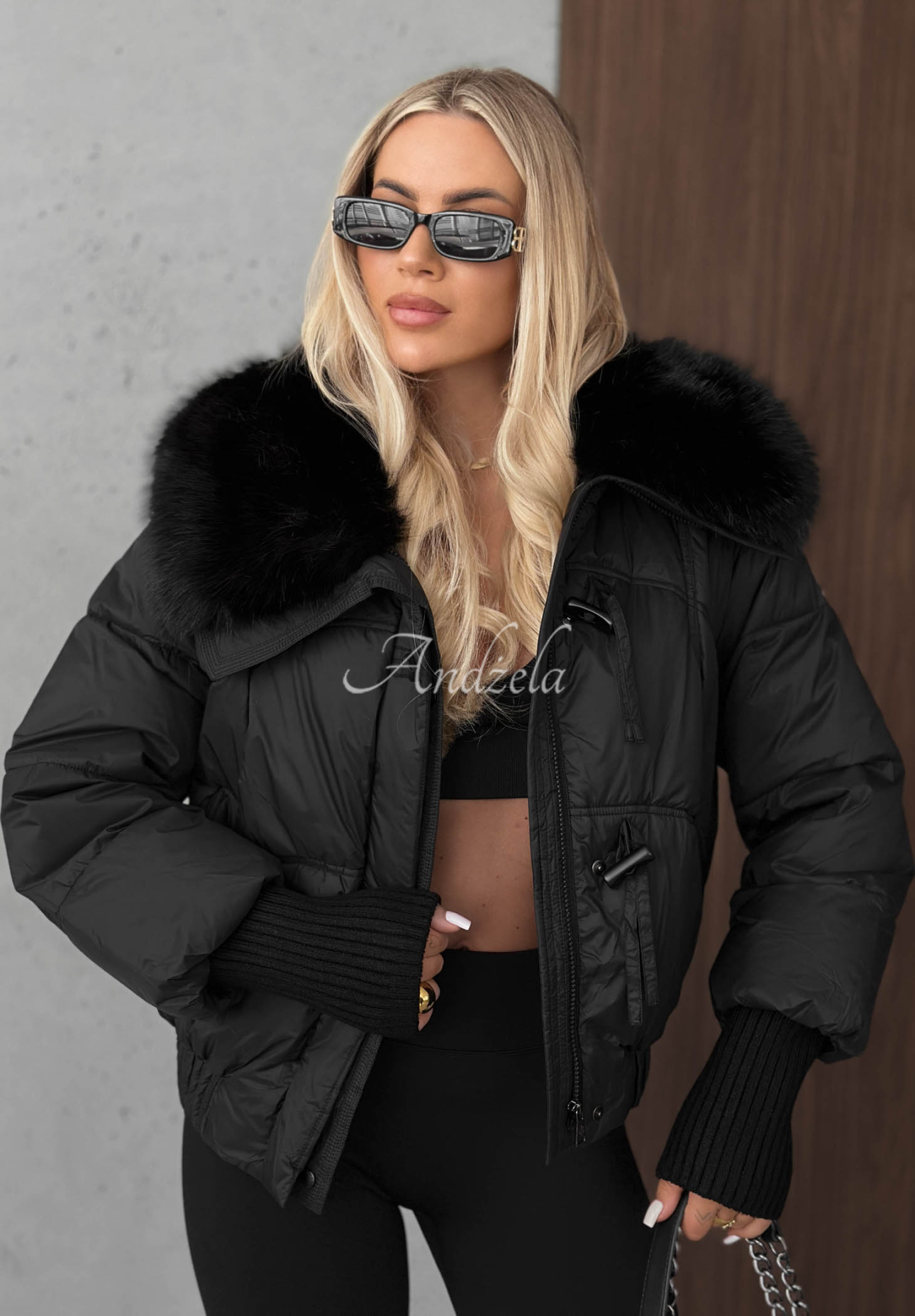 Plot Twist Short Quilted Jacket with Fur Trim, Black