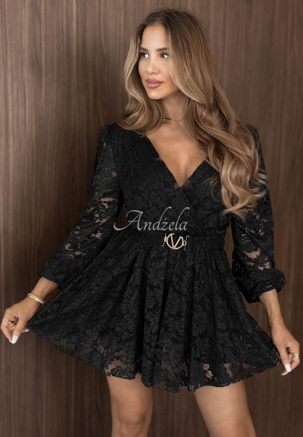 Friday Night Short Black Lace Jumpsuit with Belt