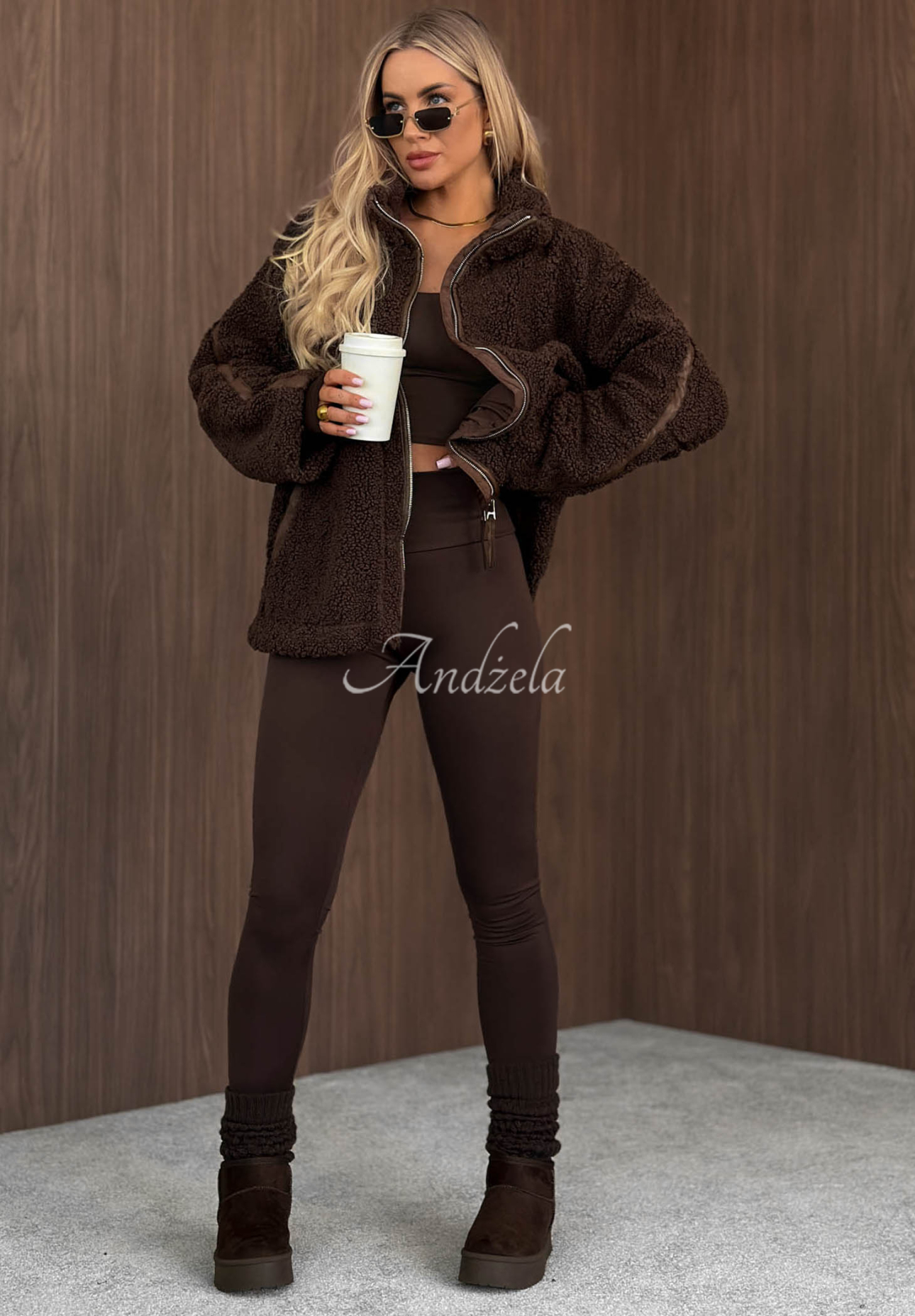 Cozy Darling Chocolate Sherpa Sheepskin Jacket with Stand-Up Collar