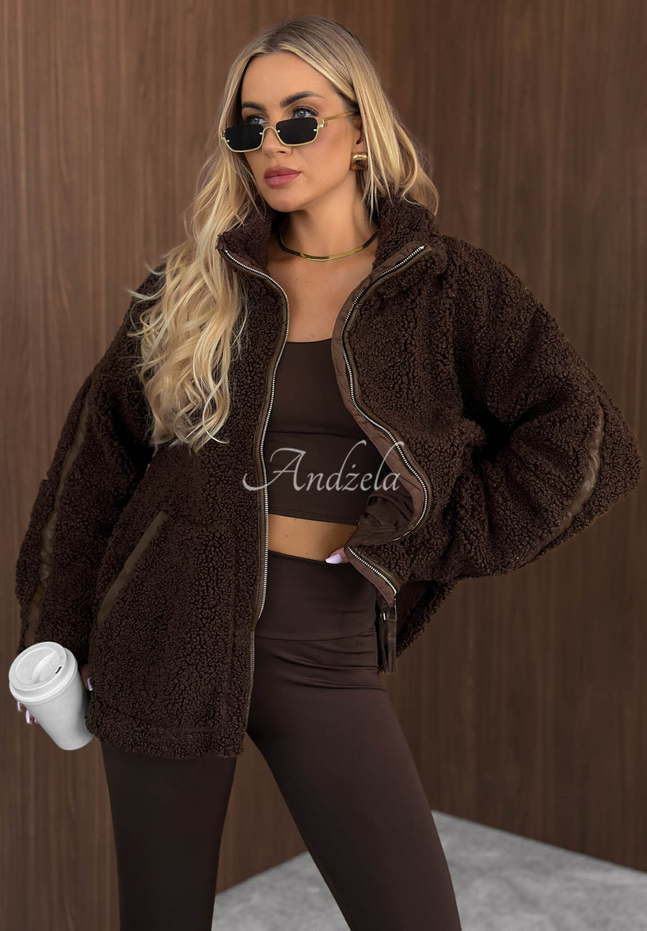Cozy Darling Chocolate Sherpa Sheepskin Jacket with Stand-Up Collar