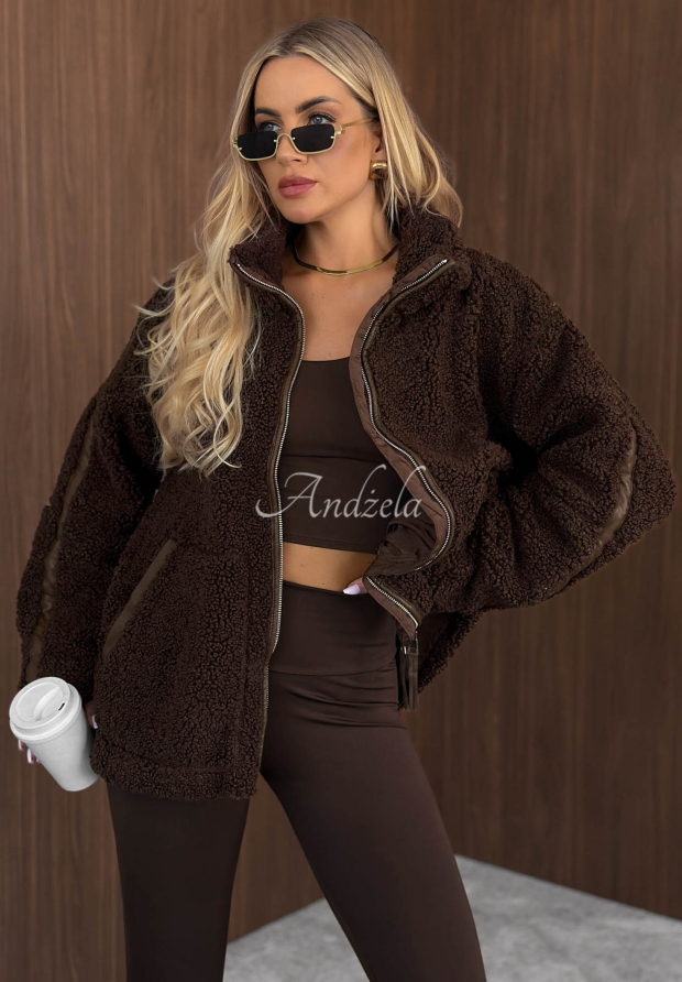 Kurtka kożuszek sherpa ze st&oacute;jką Cozy Darling czekoladowa