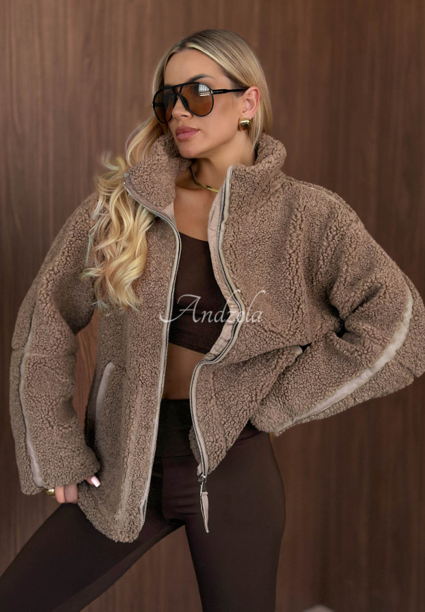 Cozy Darling Sherpa Sheepskin Jacket with Stand-Up Collar, Mocha