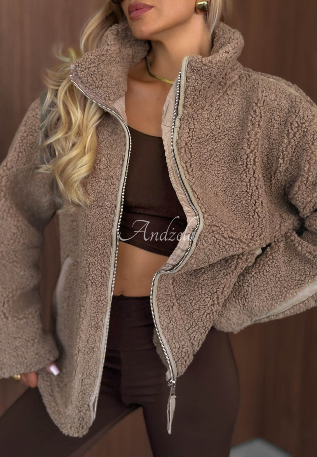 Cozy Darling Sherpa Sheepskin Jacket with Stand-Up Collar, Mocha