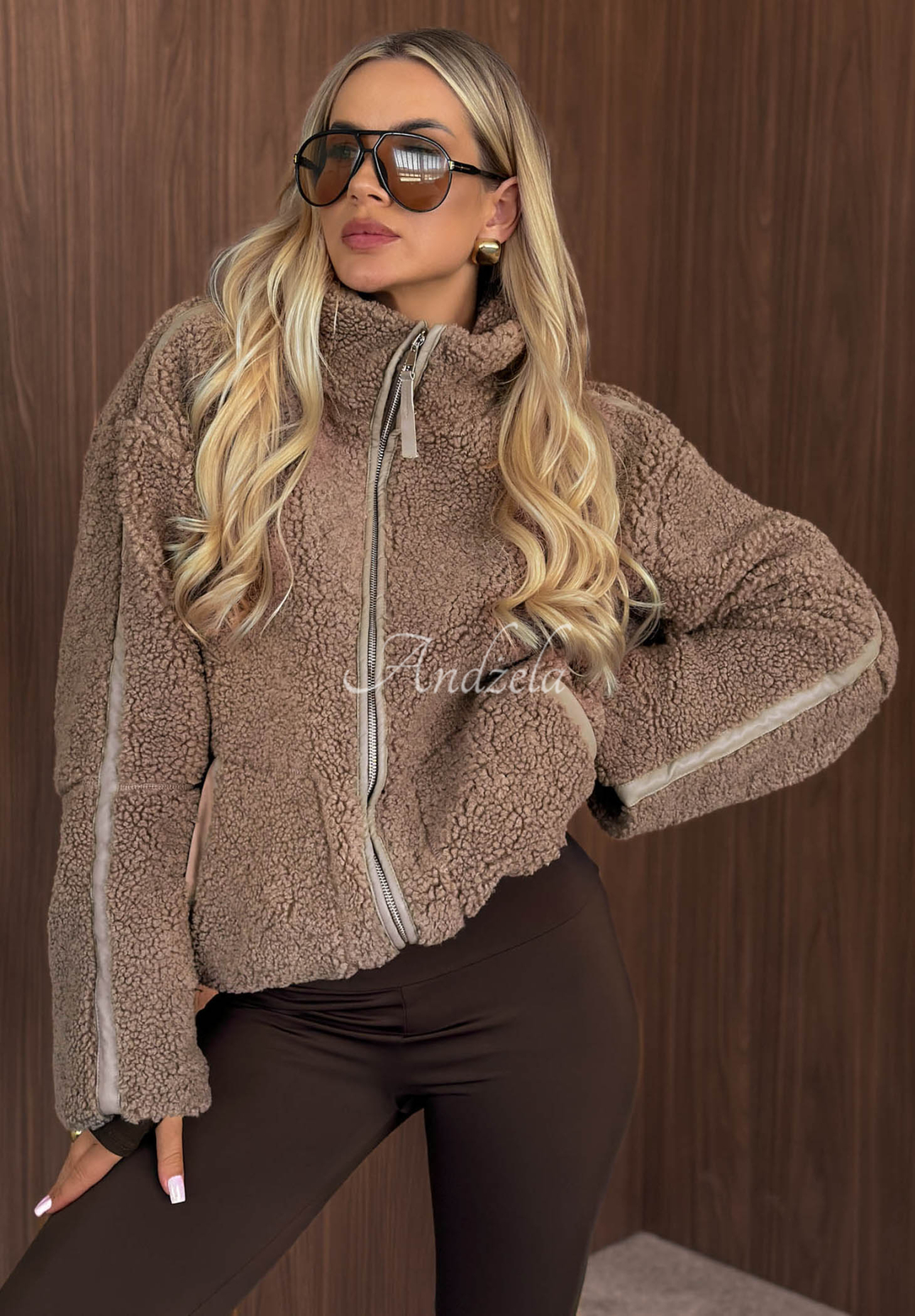 Kurtka kożuszek sherpa ze stójką Cozy Darling mokka