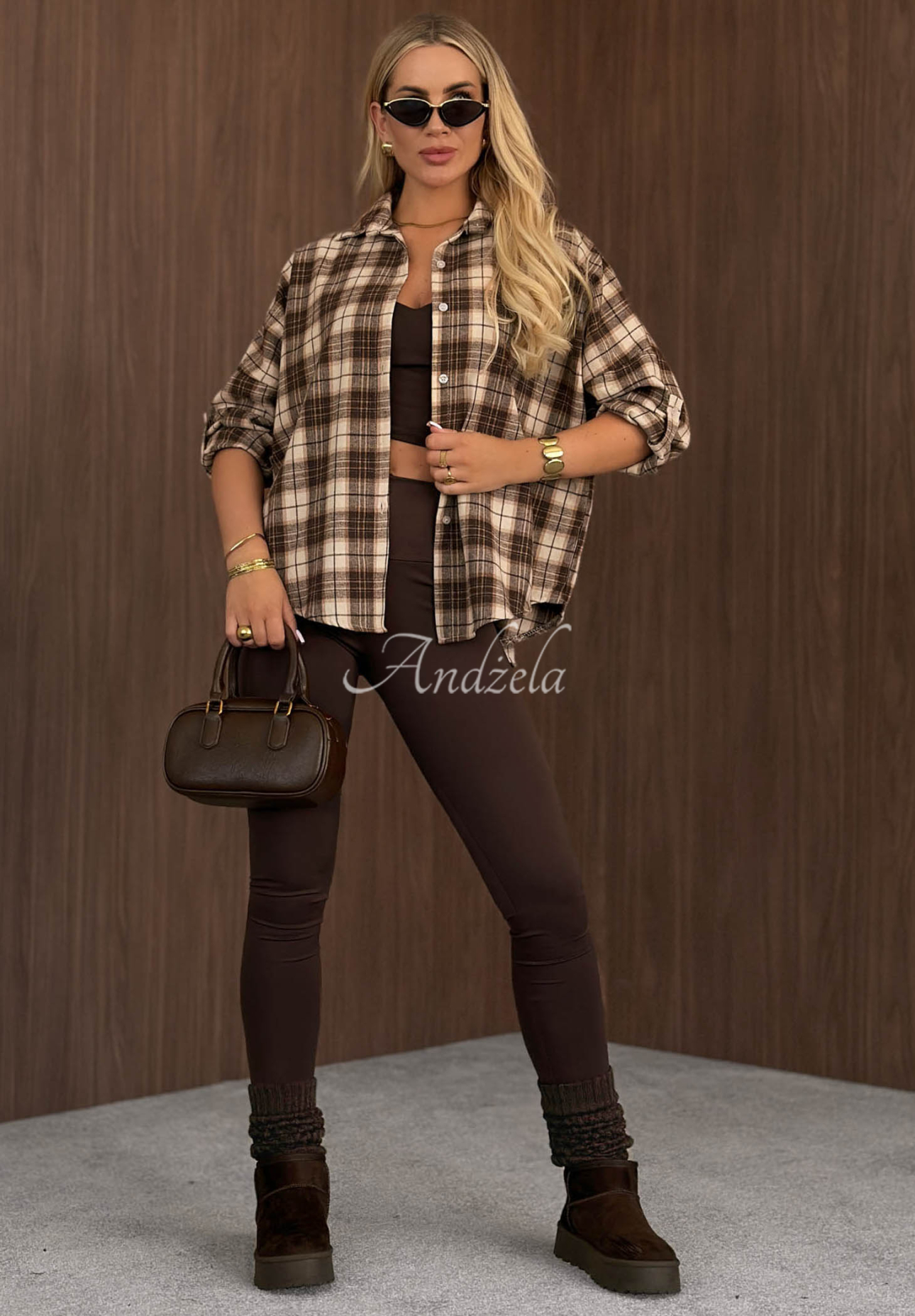 Cozy Edit Chocolate-Colored Checkered Shirt Made of Cotton and Viscose