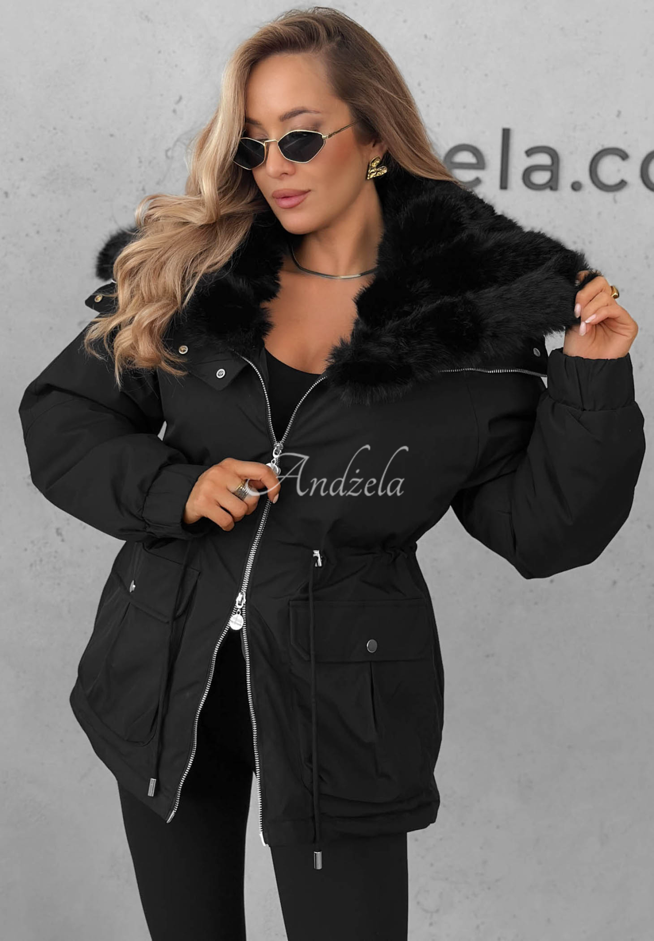 Last Chapter Short Parka Jacket with Fur Trim, Black
