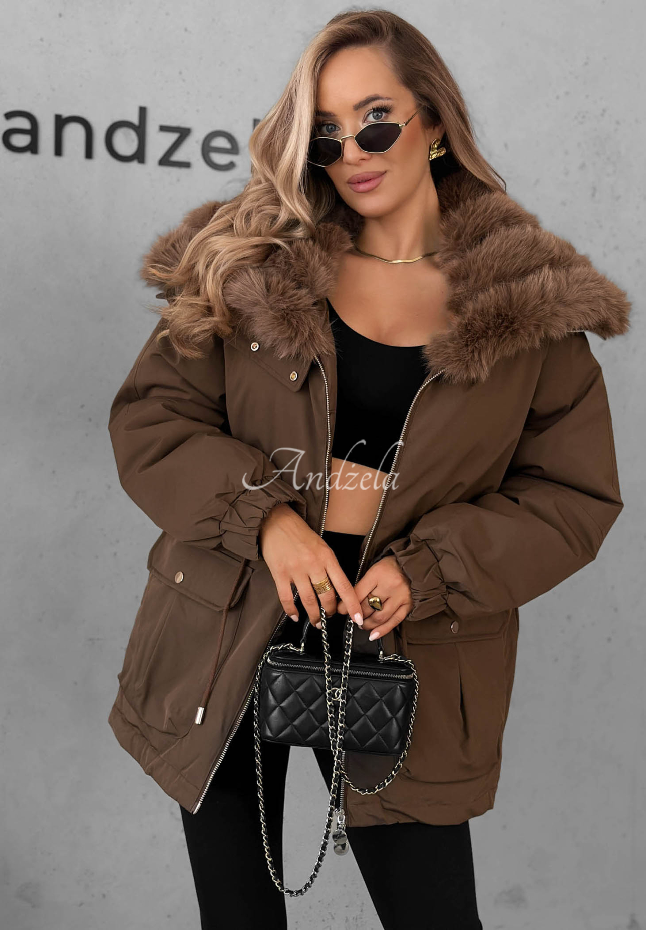 Last Chapter Short Parka Jacket with Fur Trim, Chocolate Brown