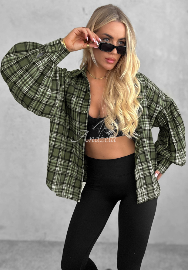 Rustic Valley khaki cotton shirt with a checkered collar