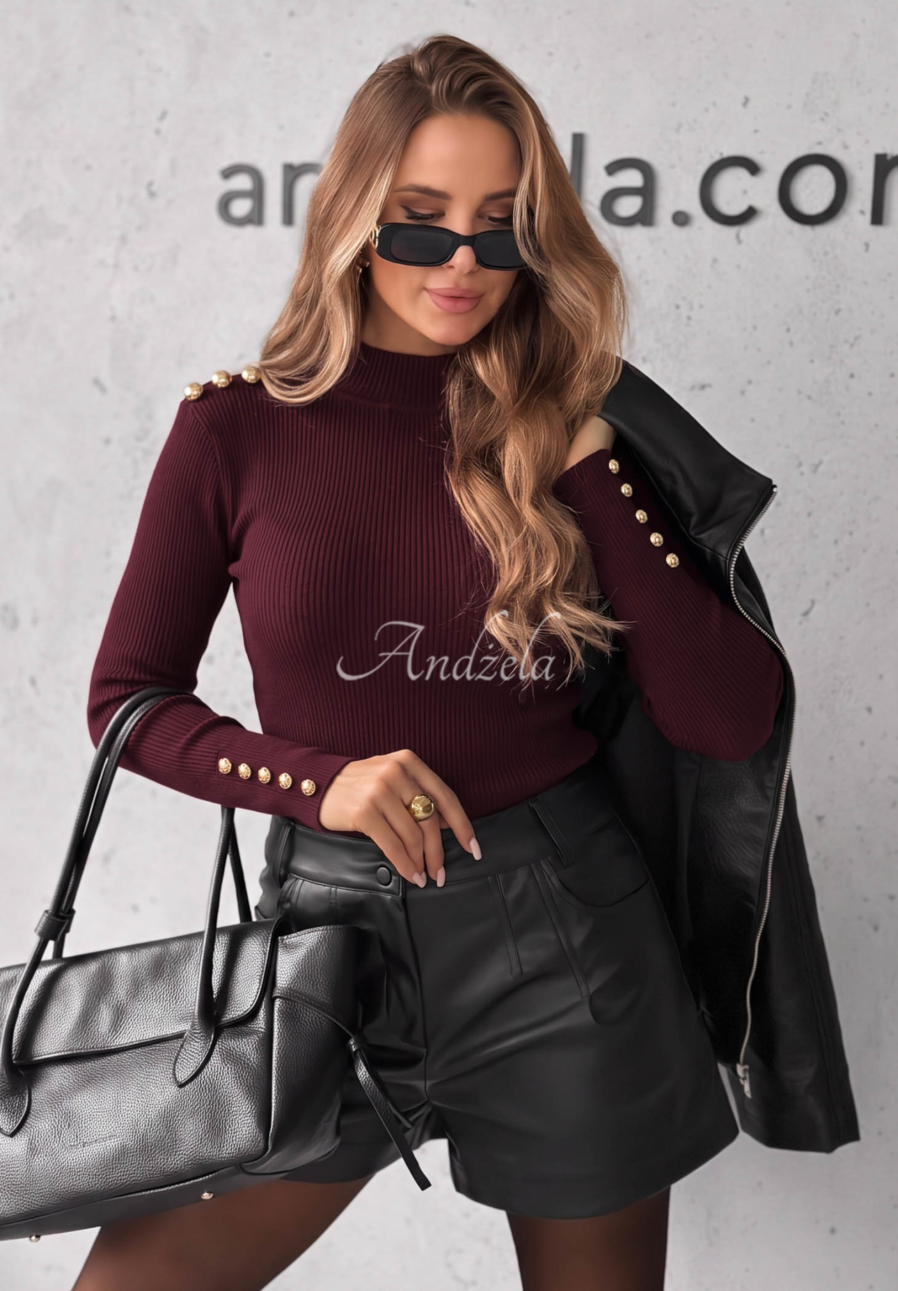 Prążkowana bluzka longsleeve z wiskozy Essential Fit burgundowa