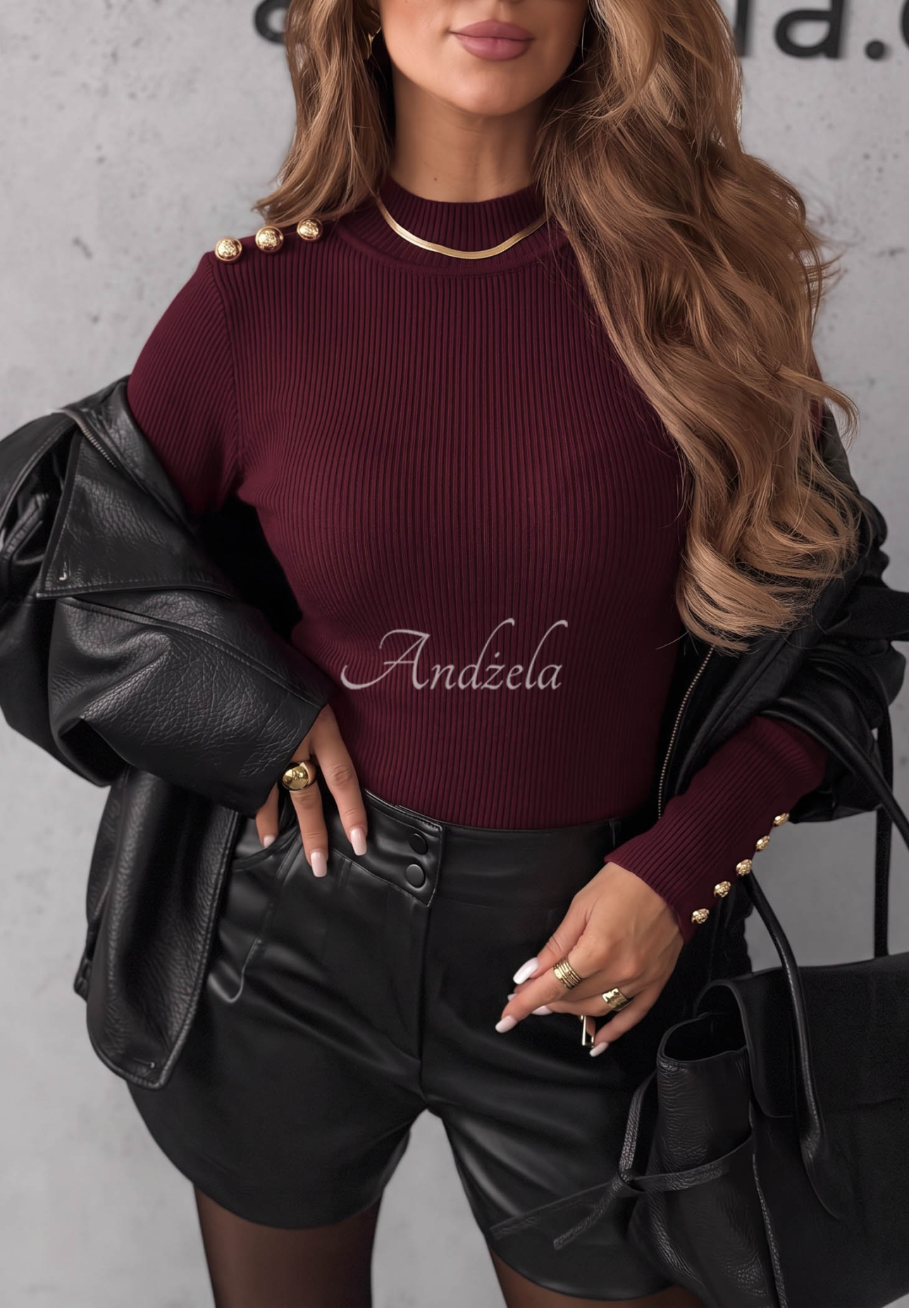 Prążkowana bluzka longsleeve z wiskozy Essential Fit burgundowa