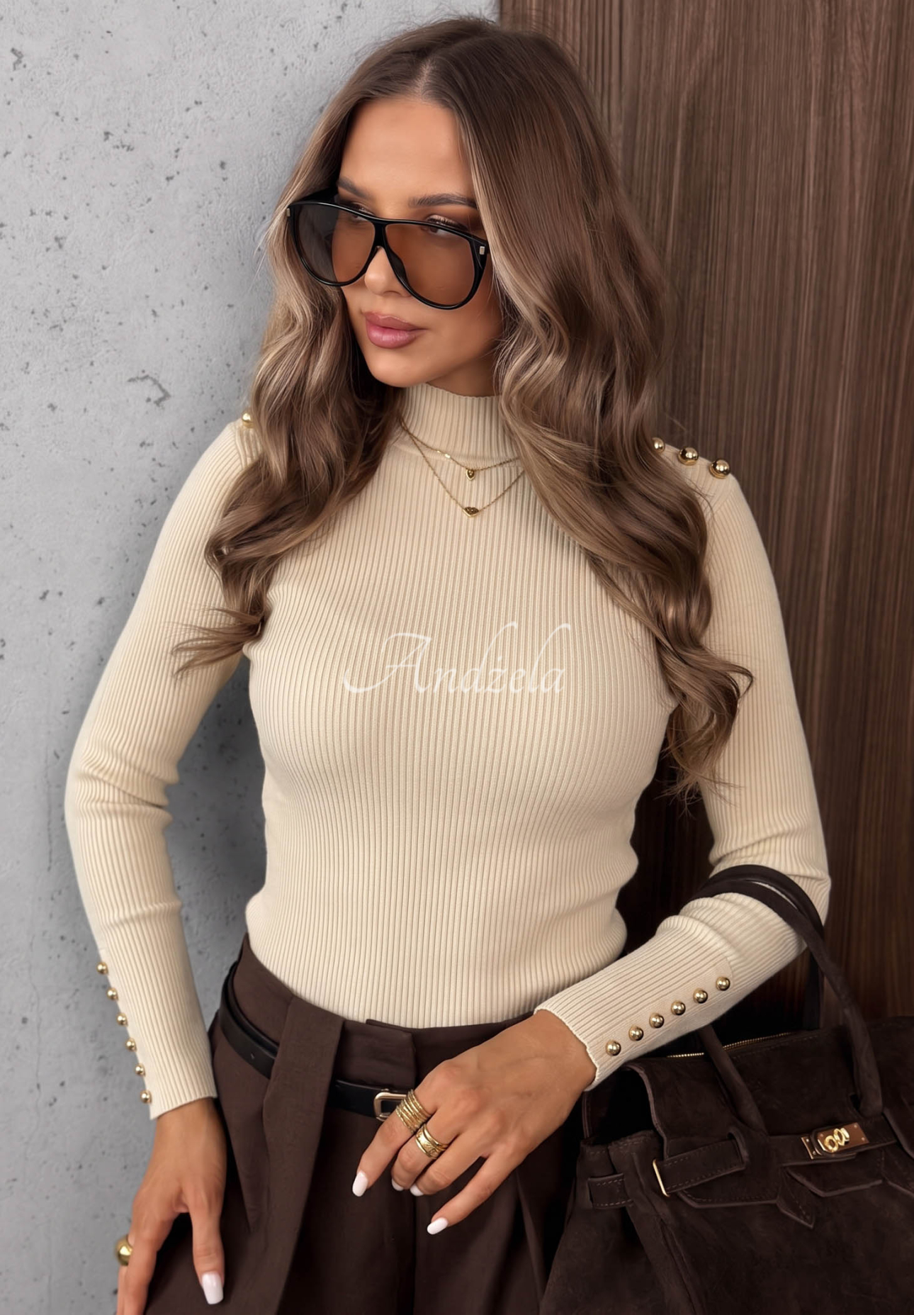 Essential Fit Beige Ribbed Long-Sleeve Viscose Blouse