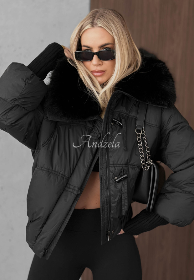 Plot Twist Short Quilted Jacket with Fur Trim, Black