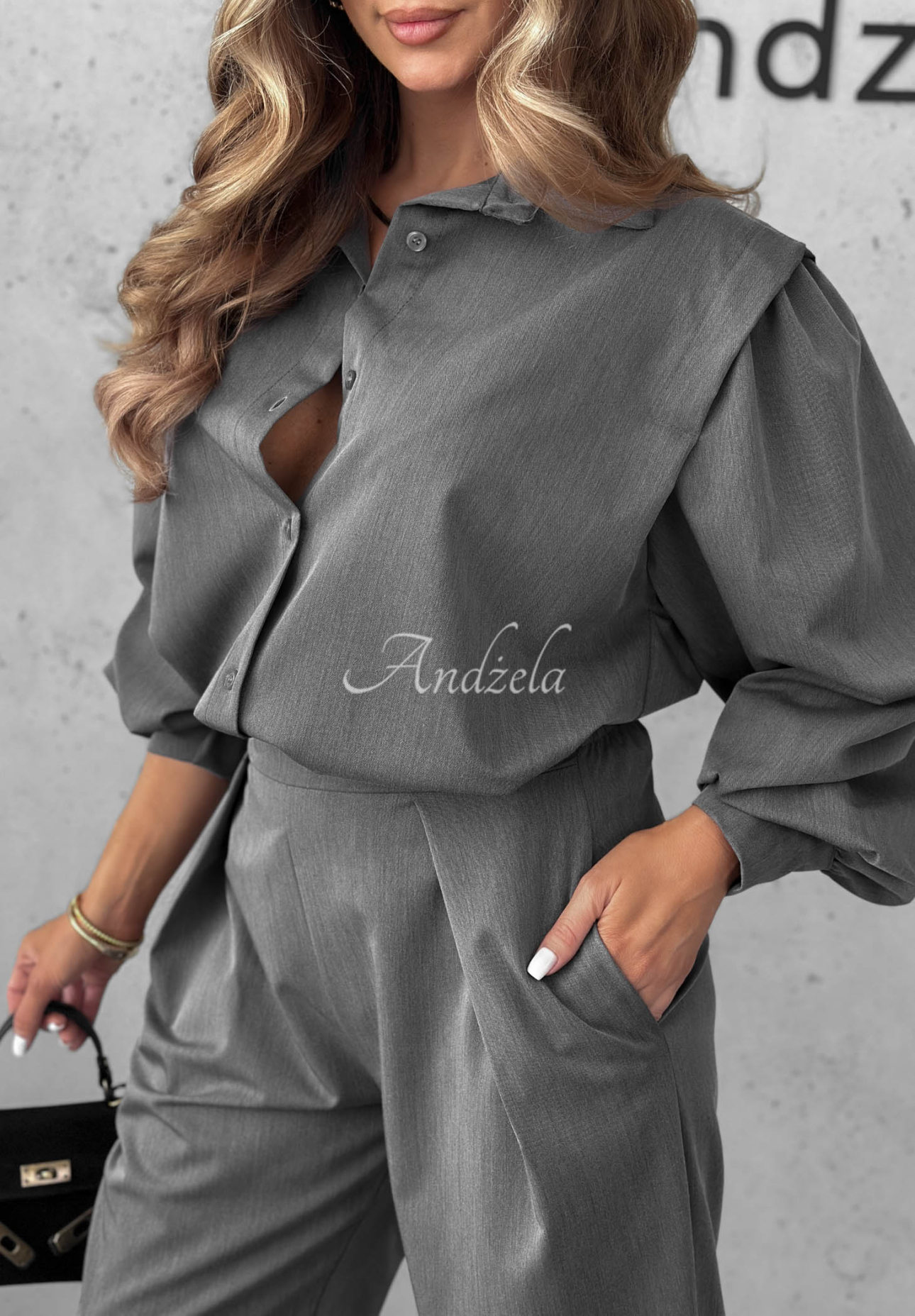 Elegant Modern Femme shirt and pleated pants set in gray
