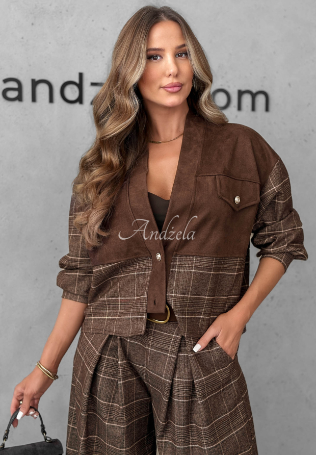 Second Coffee Chocolate-Brown Checkered Suede Jacket