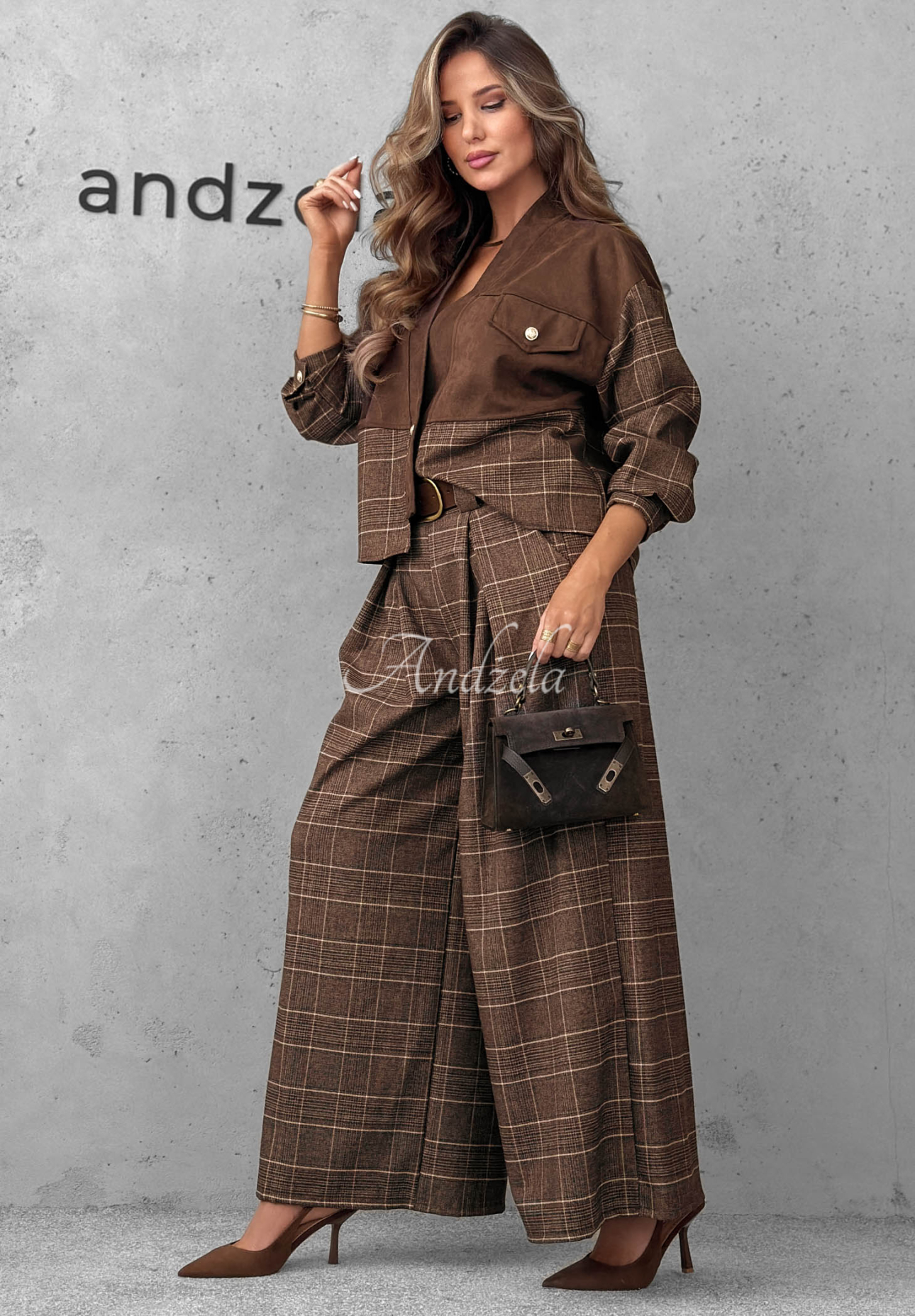 Second Coffee Chocolate Checkered Fabric Pants with Pleats
