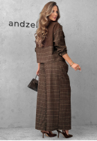 Materiałowe spodnie wide leg w kratę z paskiem Second Coffee czekoladowe