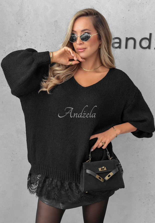 Dusky Clouds Black Oversized Sweater with Lace, Made of Wool and Viscose